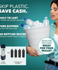Woman holding plastic bottles showcasing Under Sink Water Filter For Faucet With 20,000 Gallons Or 2 Year Filtration Life Reduces PFAs PFOS Lead And Chlorine Improves Tap Water Taste High Performance NSF 42 And 372 Certified Great Value For Your Kitchen.