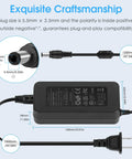 36V 6A Power Supply GaN Adapter with 5.5mm x 2.5mm plug and 1500mm cord length, showing plug size and adapter dimensions