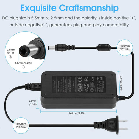 36V 6A Power Supply GaN Adapter with 5.5mm x 2.5mm plug and 1500mm cord length, showing plug size and adapter dimensions
