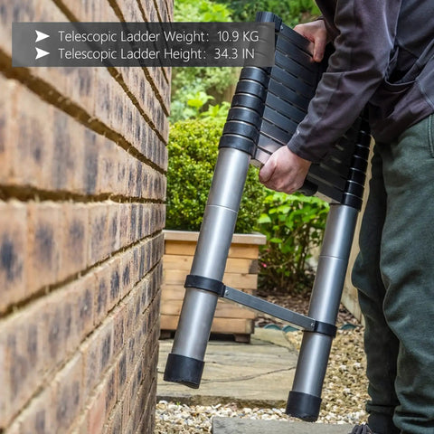 Person holding Twelve And A Half Foot Aluminum Telescoping Ladder That Extends From Compact Fold To Full Height With Non Slip Rungs