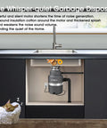 Under-sink installation of Super Quiet Garbage Disposal 1HP with continuous feed, light gray finish, and five-layer sound insulation.