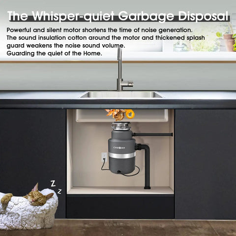 Under-sink installation of Super Quiet Garbage Disposal 1HP with continuous feed, light gray finish, and five-layer sound insulation.