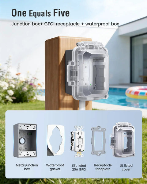 1-Gang Outdoor GFCI Outlet Kit With Weatherproof Cover And Junction Box, 20 Amp GFCI Receptacle, installed by poolside