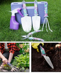5 Piece Garden Tool Set With Floral Print And Ergonomic Handles Includes Trowels Rake Weeder Pruner Shears And Sprayer Plus Carrying Case on grass
