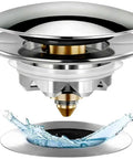 Upgraded Bathtub Drain Stopper With Hair Catcher Pop Up Tub Strainer Cover showing chrome brass design and water flowing.