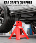 Heavy Duty Red Jack Stands Set 3 Ton Capacity 6000 Lbs Self Locking Ratchet Steel Pyramid Base Adjustable Height from Eleven and a Half Inches to Sixteen and Three Quarters Inches Ideal for Cars and Sedans.