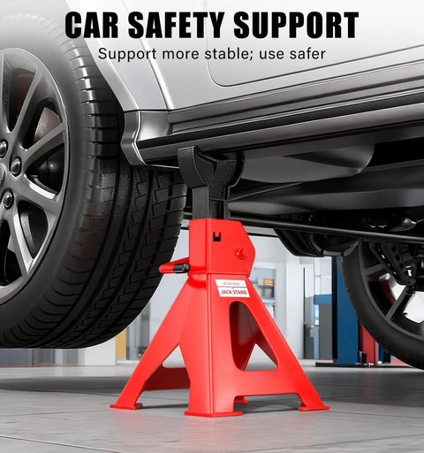Heavy Duty Red Jack Stands Set 3 Ton Capacity 6000 Lbs Self Locking Ratchet Steel Pyramid Base Adjustable Height from Eleven and a Half Inches to Sixteen and Three Quarters Inches Ideal for Cars and Sedans.