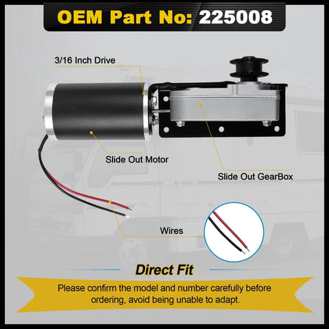 Slide Out Motor And Gearbox Direct Fit Replacement For Accu Slide Cable System With 12V High Torque Motor And R25075 R25076 Gear Box For Travel Trailer Camper OEM Standard. Front view with 3/16 inch drive.