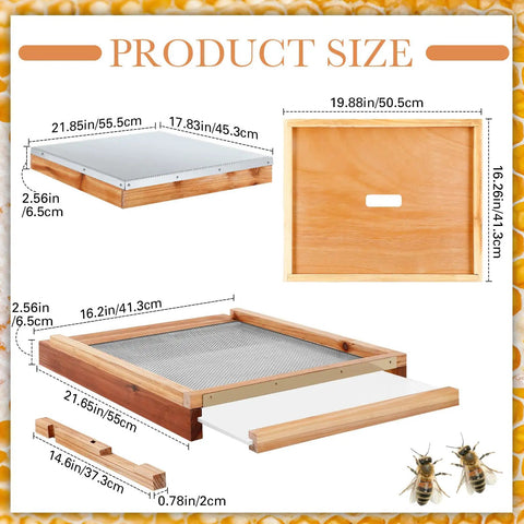 Image of Two Pack Beehive Parts Kit For 10 Frame Hives With Telescoping Top Cover, Inner Cover, and Screened Bottom Board, with measurements.