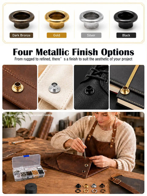 Built Dang Tough 420 Leather Grommet And Eyelet Kit With Three Heavy Duty Steel Punches For Canvas Tarps And Upholstery Makeovers showing four metallic finishes for projects.
