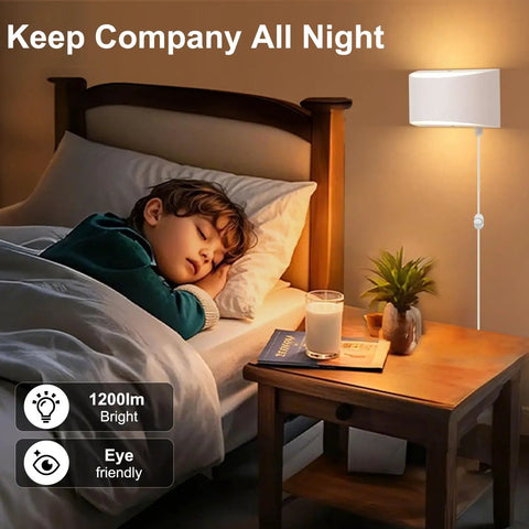 Cozy bedroom scene with 12W Plug-In LED Wall Sconce, warm white glow, illuminating a sleeping child beside a bedside table.