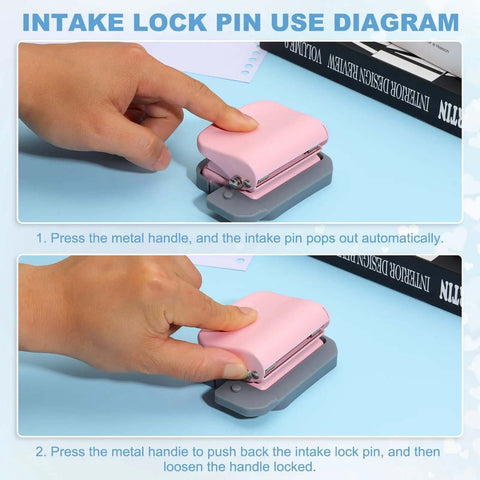 Six Hole Paper Punch One Quarter Inch Metal Hole Puncher for Office and Home, pink, demonstrating intake lock pin use.