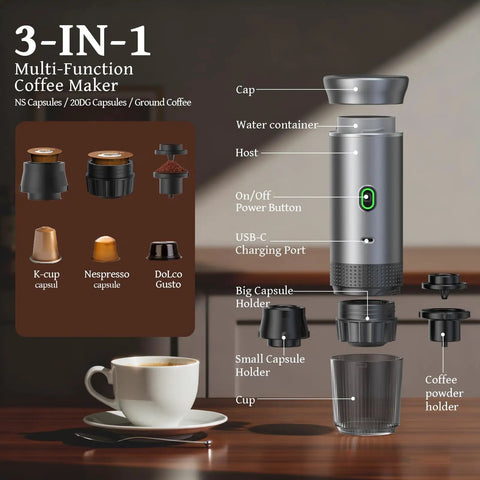 Diagram of Grab And Go Portable Espresso Machine For Travel And Outdoors 20 Bar Extraction Self Heating With USB C 3 In 1 Brew System
