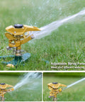 Heavy Duty Metal Pulsating Impact Lawn Sprinkler With Zinc Base spraying water on grass, showing 360 Degree Adjustable Circular coverage.