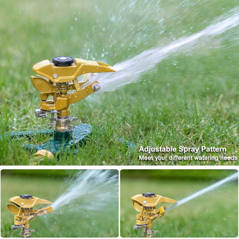 Heavy Duty Metal Pulsating Impact Lawn Sprinkler With Zinc Base spraying water on grass, showing 360 Degree Adjustable Circular coverage.