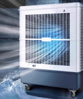 Built Tough Shop Grade Evaporative Air Cooler With Three Speed Fan Blades And Roll Away Casters For Garage Warehouse Cooling Massive 160 Liter Water Tank Swamp Chiller Unit with fan blowing cool air.