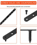 Close-up of Built Tough Heavy Duty Mending Plates Black Corner Brackets 10 Inch with countersunk screw holes for furniture repair.