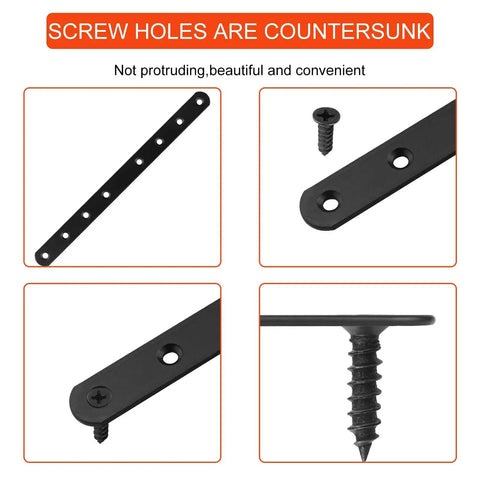 Close-up of Built Tough Heavy Duty Mending Plates Black Corner Brackets 10 Inch with countersunk screw holes for furniture repair.