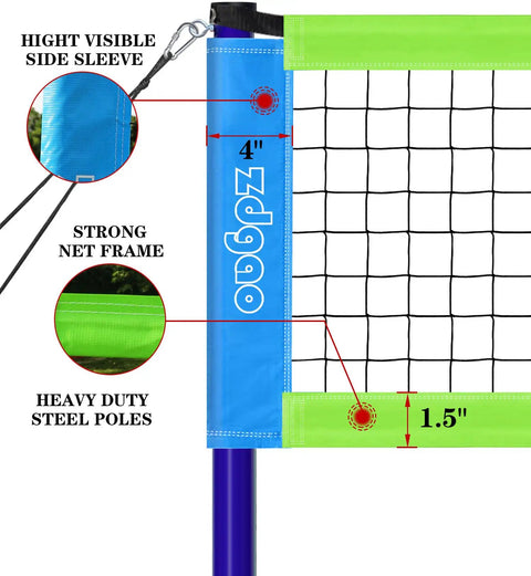 Portable Backyard Volleyball Set With Durable Net All Weather Construction Includes Pump Wrap Yarn Volleyball Boundary Lines Carry Bag Classic Blue Green Easy Setup For Instant Play featuring strong net frame and heavy-duty poles.