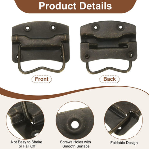 Front and back view of 2-Pack 64 x 61mm Bronze Side Ring Chest Pull Handles for Wooden Boxes and Tool Cases with screws, foldable design