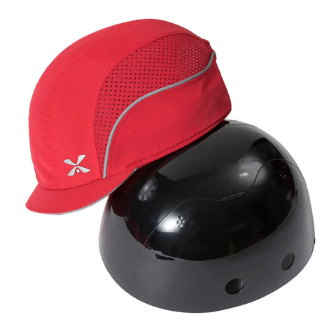 Lightweight Safety Bump Cap Baseball Style With Removable ABS Shell And Foam Padding, High Density PE Interior, Red Micro Brim