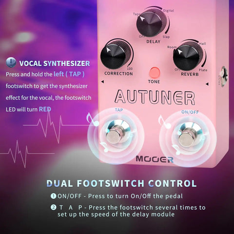 Close-up of Autuner Vocal Effects Pedal with pitch correction, reverb, delay, and dual footswitch controls.