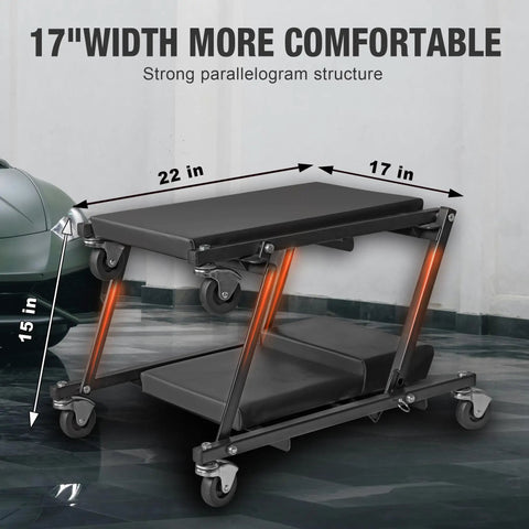 Smooth Operator Two In One Foldable Garage Shop Creeper Folds To A Stool For Laid Back Breaks Thick Padded Vinyl Seat 36 Inch Wide Black Stand Takes 300 Lbs Heavy Load On Six Gliding Caster Wheels