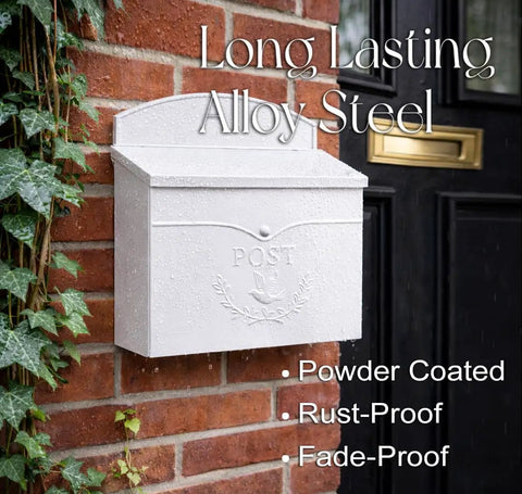 Outdoor Wall Mount Mailbox 11.5 x 5 x 13 Inches White Waterproof Heavy Duty Metal Mailbox Near Brick Wall