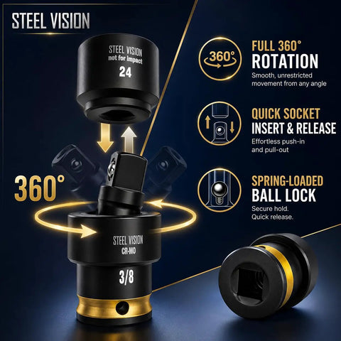 Low Profile Oil Filter Socket Set 7 Piece Cap Removal Kit For Tight Engine Bays Three Eighths Inch Drive With 24, 27, 29, 32, 36, 38 Millimeter Sockets And Universal Joint Adapter For DIYers And Pros, CR V Steel showing 360-degree rotation and socket features.