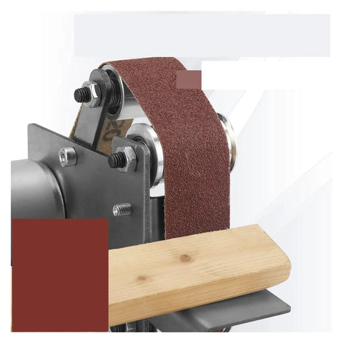 Close-up of the Compact Mini Electric Belt Sander For Desktop Projects with sanding belt and wood piece for precision grinding.