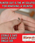 Hand using Splinter Out Splinter Remover, 20 Count Sterile Pack With Tri Bevel Point And Easy Grip Gnarls, ideal for first aid