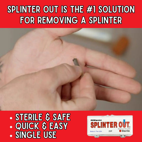 Hand using Splinter Out Splinter Remover, 20 Count Sterile Pack With Tri Bevel Point And Easy Grip Gnarls, ideal for first aid