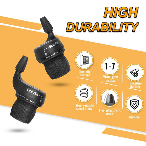 3x7 Speed Twist Shifter Set With Left And Right Revoshift Grips For Mountain Bikes, showcasing durability and features