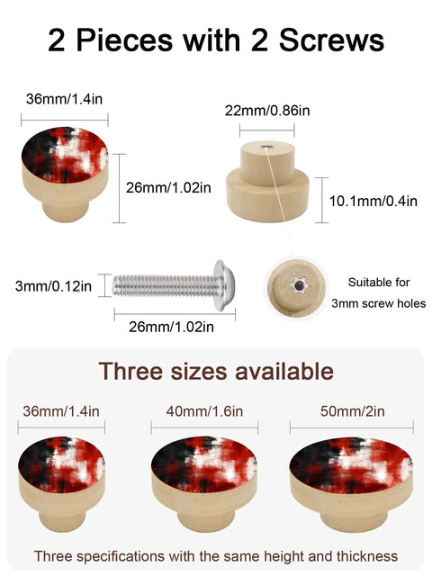 Dope Abstract Red And Black Cabinet Knobs Set 1.4 Inch Solid Beech Wood Drawer Pulls with screws and size details in an informative layout.