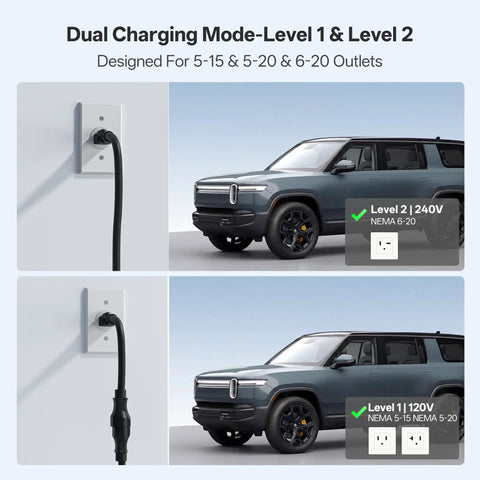 Level 1 And Level 2 J1772 EV Charger With 25 Foot Extension Cord Portable 240V 16A Electric Car Charger NEMA 6-20 Plug And 120V NEMA 5-15 Adapter Works With All SAE J1772 EVs shown charging an electric vehicle with dual modes and outlets.