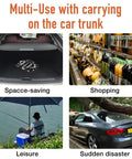 Four images showing the foldable luggage cart: in a car trunk, in a shopping aisle, by a lake, and next to a car.