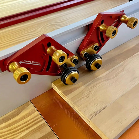 Adjustable Roller Featherboard For Table Saw Feeder With Polyurethane Grippy Wheels And Smooth Guide Rail Heavy Duty Woodworking Jig showing red and gold components.