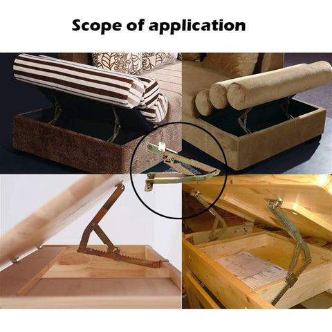 Adjustable Folding Lifting Bracket Set for sofa armrests and massage tables shown in application view