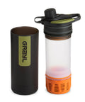 GeoPress 24 Oz Water Purifier Bottle for Hiking and Camping shown with cap and filter, Easy Fill Press Drink System in Black Camo