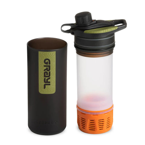 GeoPress 24 Oz Water Purifier Bottle for Hiking and Camping shown with cap and filter, Easy Fill Press Drink System in Black Camo