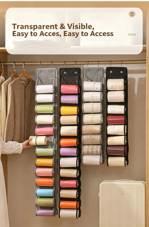 Slick Double Sided Hanging Closet Organizer With Sixteen Clear Pockets For Gym Gear And Casual Threads, Space Savvy Wardrobe Storage Hanger With Heavy Duty Clips, Keep Your Room Tight In Charcoal Gray, showing colorful rolls in clear pockets.