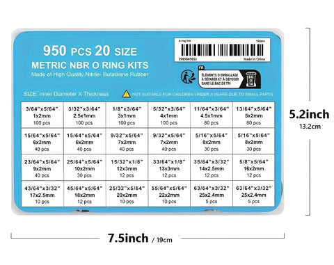 Front view of Gofira 950-piece O-ring kit in blue case; 20 sizes, NBR nitrile rubber