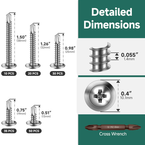 Detailed dimensions of Built Tough 145 Piece Self Tapping Screw Assortment Kit featuring various sizes and cross wrench.