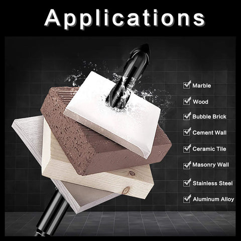 Black masonry drill bit with triangle handle shown drilling into a white brick with stacked blocks in background