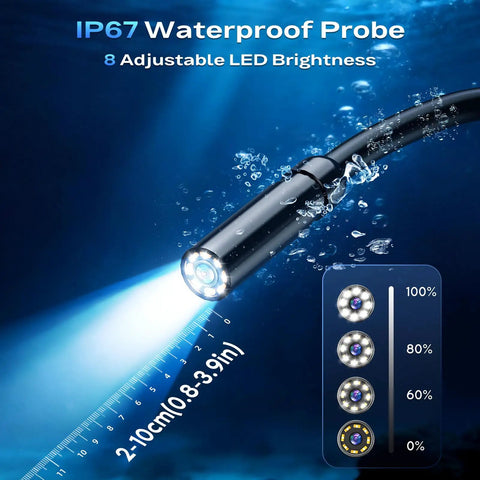 Handheld Endoscope Camera With Light 2.8 Inch IPS Screen IP67 Waterproof Borescope showing LED brightness adjustments underwater