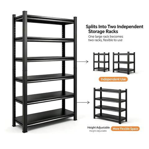Super Heavy Duty Six Tier Metal Storage Shelves With Height Adjustment Rock Solid Double Layer Upright Design showing flexible use as two independent racks.