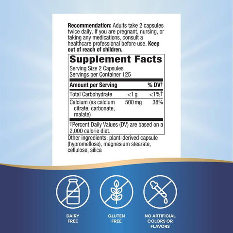 Supplement facts label for Calcium Citrate Complex Supplement With Citrate Malate And Carbonate For Bone And Muscle Support 500 mg