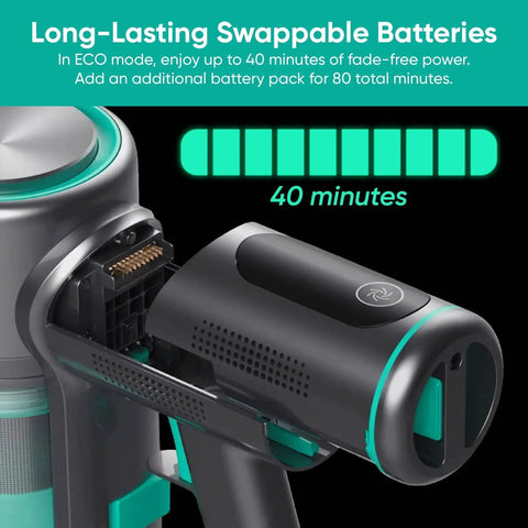 Featherlight Cordless Stick Vacuum Sweeping Up Every Scrap With Muscle Bound 20000 Pa Suction And True HEPA Filtration showcasing swappable batteries.