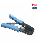Pro Grade RJ Cable Crimping Tool For 8P And 6P Modular Plugs With Built In Cutter And Stripper, Crimps Cuts And Strips RJ11 RJ12 RJ45 Cabling, Heavy Duty Steel Construction, NDAA And TAA Compliant, Ideal For Networking Pros displayed with blue handles and compliance labels.