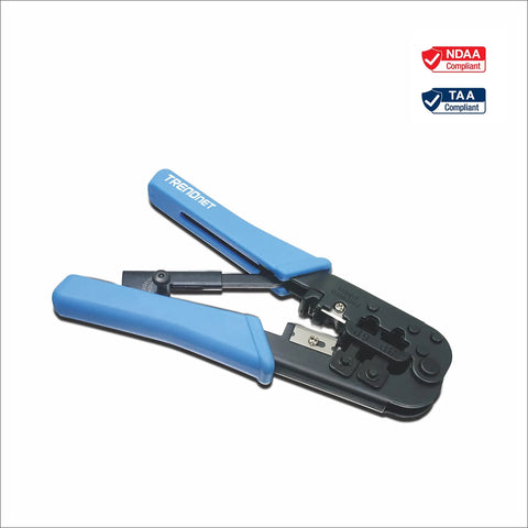 Pro Grade RJ Cable Crimping Tool For 8P And 6P Modular Plugs With Built In Cutter And Stripper, Crimps Cuts And Strips RJ11 RJ12 RJ45 Cabling, Heavy Duty Steel Construction, NDAA And TAA Compliant, Ideal For Networking Pros displayed with blue handles and compliance labels.